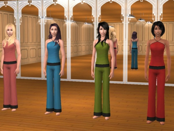 Sims 2 — Yoga Outfit Recolors by Calia_M2 — Yoga Outfit Recolors in blue, green, pink, and red.
