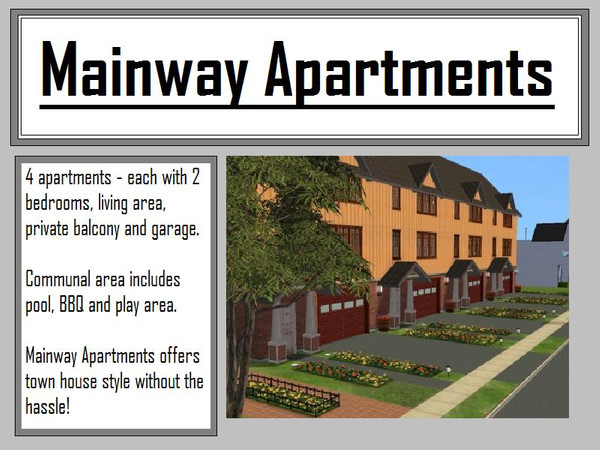 Sims 2 — Mainway Apartments by darth_appolyon — Looking for a quaint, traditional town house apartment for your Sims?