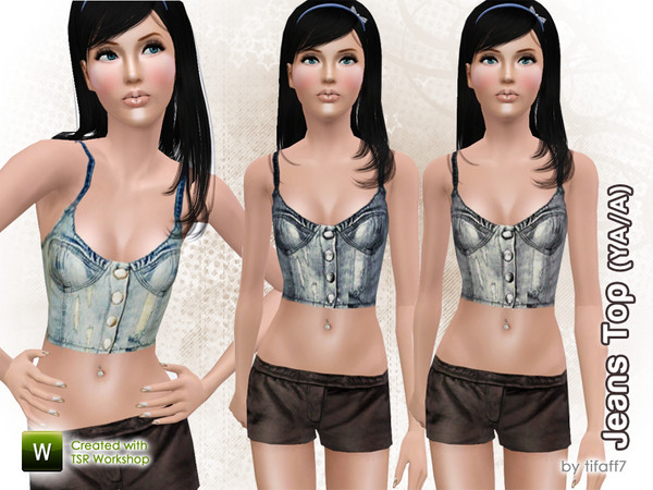 Sims 3 — Jeans Top (YA/A) by tifaff72 — Jeans Top/Corset. Young Adult/Adult. Everyday/Formal top. 3 recolorable areas.