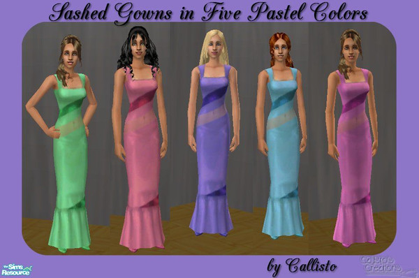 Sims 2 — Sashed gown recolor by Calli by Callisto149 — These are recolors of a maxis formal gown. They come in five