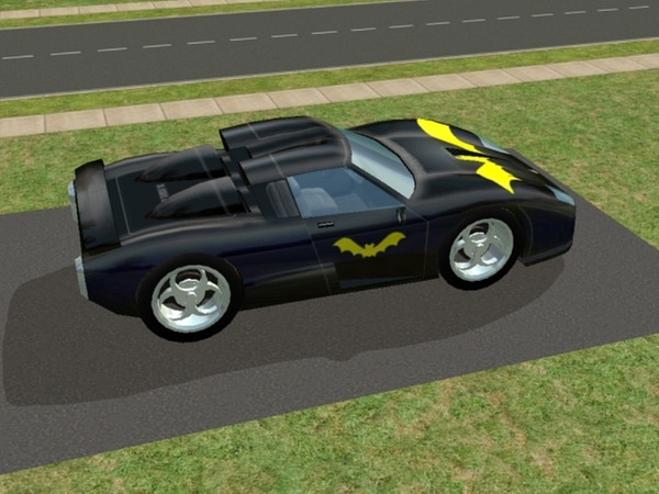 Sims 2 — Sportscars - 2 - Bat black sportscar by Jempa922 — This is a black sportscar with a yellow bat on it(Batman
