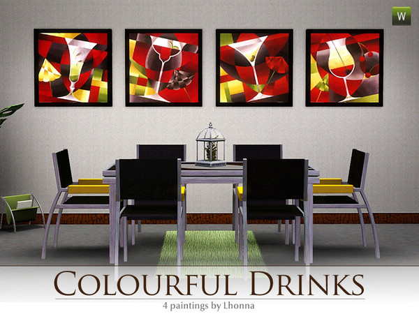 Sims 3 — Colourful Drinks by Lhonna — Set of 4 wall hangings: Champagne, Margarita, Martini, Sea Breeze. Costs: $150