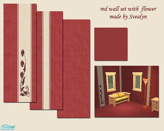 Sims 2 — red wall set with flower by Svealyn — another wall and floor set with art nouveau flower - this one in red