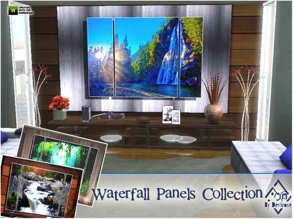 Sims 3 — Waterfall Panels Collection by Devirose — Another collection of three large paintings, wall art, (3 in 1 files)