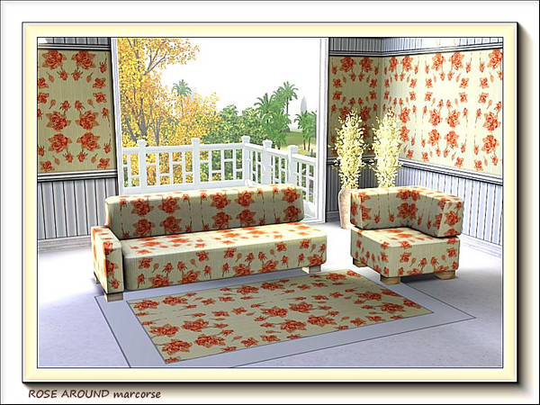 Sims 3 — Rose Around pattern by marcorse — Red roses and rosebuds in an almost circular design on a red=striped cream