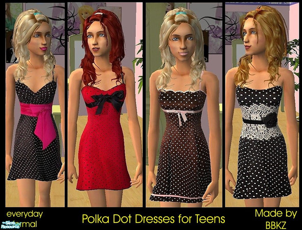 Sims 2 — Polka Dot Dresses for Teens by BBKZ — Tea-length polka dot spaghetti strap formals. Hidden zipper back...