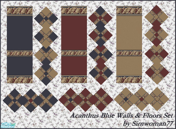 Sims 2 — Acanthus Blue Set by simwoman77 — A set of 3 walls and 21 floortiles, created by simwoman77. Please click the
