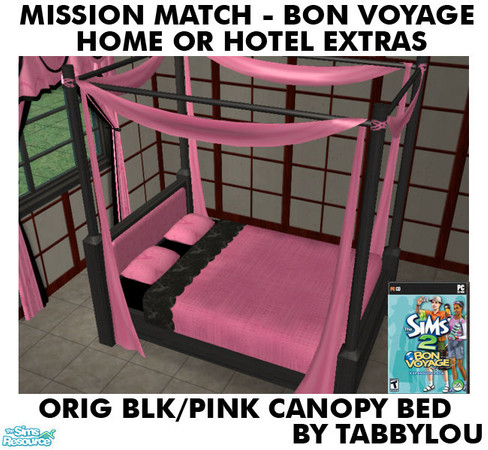 Sims 2 — TL - MM BV HOH Extras OrigBlackPink CanopyBed by TabbyLou — Canopy Bed in Recolor of Bon Voyage Extras for Home