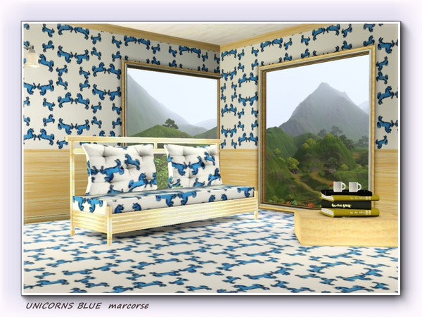 Sims 3 — Unicorns Blue pattern by marcorse — Prancing blue unicorns in a top and tail repeat pattern. 2 recolourables