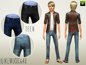 Sims 3 — Teen Male Jeans 1 by ILikeMusic640 — Teen straight leg jeans. Comes in 3 defaults. Partly recolorable.