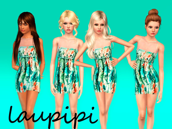 Sims 3 — Flower Teen Dress - not recolorable by laupipi2 — New floral not recolorable dress with a blue belt for teens!!