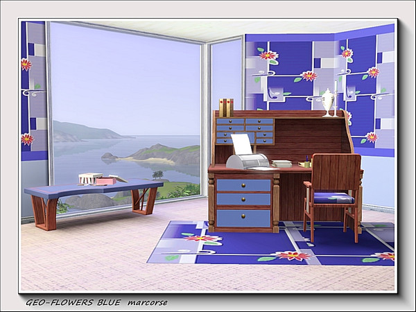 Sims 3 — Geo-Flowers Blue pattern by marcorse — A fresh and cheerful repeat pattern featuring red flowers and white