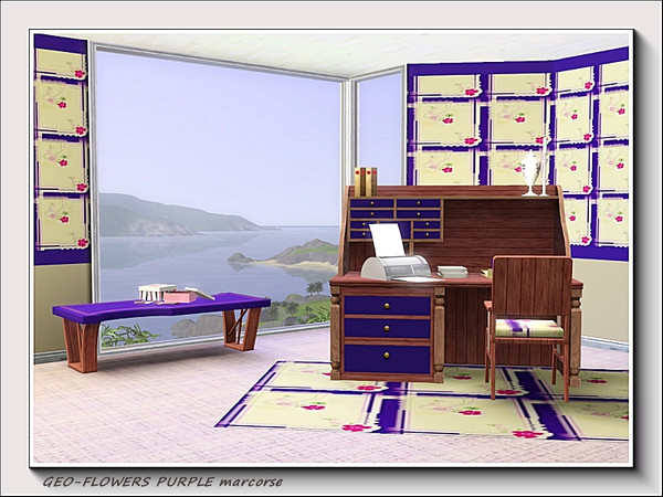 Sims 3 — Geo-Flowers Purple pattern by marcorse — Square panels outlined in purple and enhanced with a floral motif in