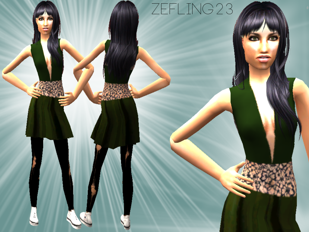 Sims 2 — Green lace insert dress by dulcie2 — Green dress with black lace inserts and ripped tights. Everyday outfit for