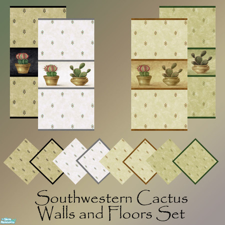 Sims 2 — Southwestern Cactus Walls & Floors Set by Sheera — This set includes 12 items : 4 walls and their 8 matching