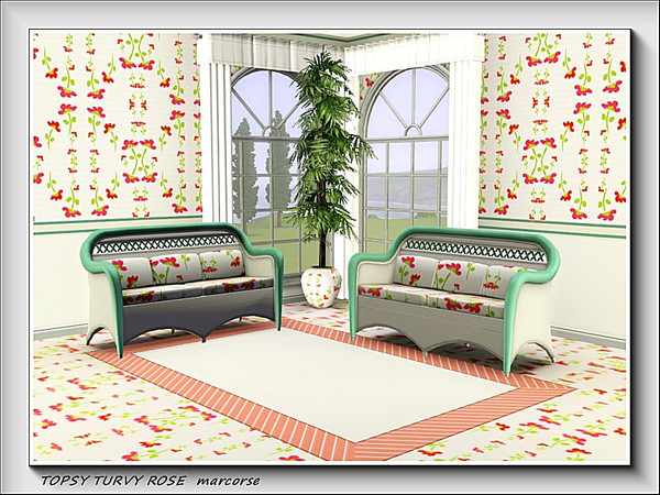 Sims 3 — Topsy Turvy Rose pattern by marcorse — Red roses in a head-and-tail pattern on a white bachground.