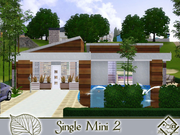 Sims 3 — Single Mini 2 by Devirose — The house is on one floor, with wooden details and a swimming pool, parking, with