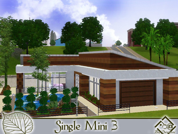 Sims 3 — Single Mini 3 by Devirose — The house is on one floor, with wooden details and a swimming pool, parking