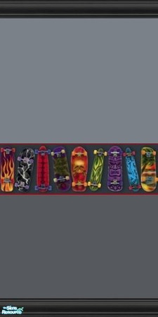 Sims 2 — Sk8ter002 by tamlfra — Bold & colorful skateboard border, with black molding, on 2 toned grey walls...
