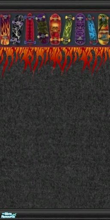 Sims 2 — Sk8ter wallpaper 001 by tamlfra — Bold & colorful skateboard border, with fringe like flames, on a fabric