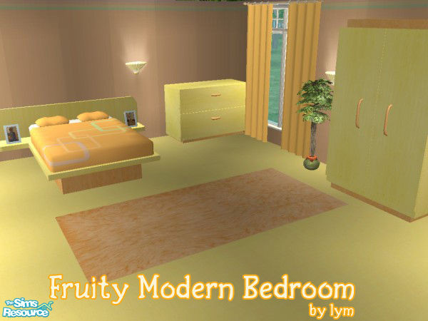 Sims 2 — Fruity Modern Bedroom by lym — Includes: Bed plus bedding, armoire, dresser, rug, curtains (4 sizes) carpet and