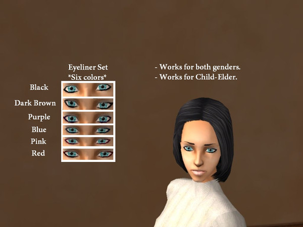 Sims 2 — Eyeliner Set - *Six Colors* by Xodess — This eyeliner set consists of six colors; Black, Dark Brown, Purple,
