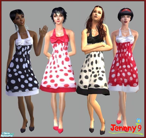 Sims 2 — Polka Dot Dresses by Jennny9 — A set of 4 pretty polka dot dresses in different colour combinations and with