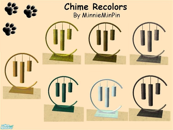 Sims 2 — Chimes Recolors by MinnieMinPin — 7 Recolors ~ Steel, 2 different moss covered, Gold, black, Green and white.
