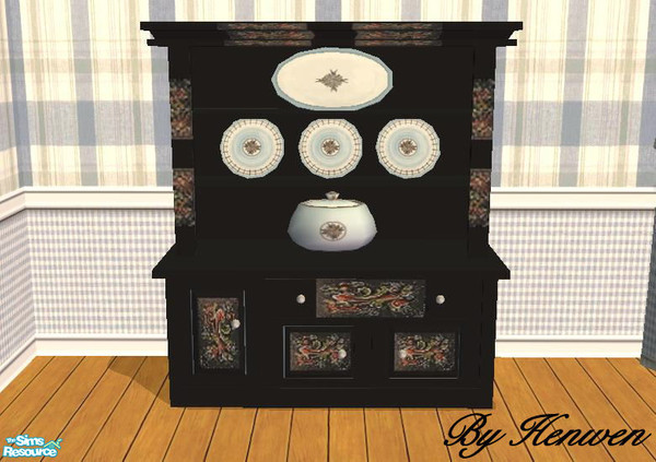 Sims 2 — Countrytime China Hutch by Henwen — Recolor done in black with hand painted rosemaling.