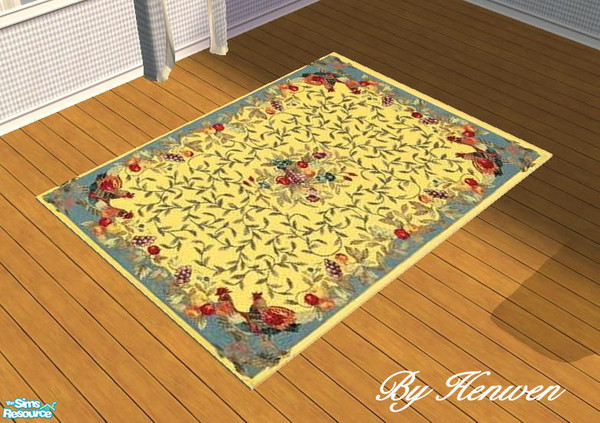 Sims 2 — Countrytime Rug  by Henwen — Rug in yellow and blue adorned with fruit and roosters.