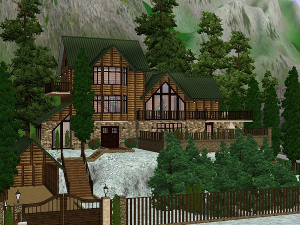 Sims 3 — Timberland by element902 — Luxurious three story cabin. Kitchen, dining area, living room, and master suite on