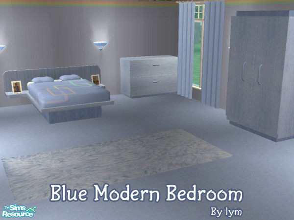 Sims 2 — Blue Modern Bedroom by lym — Includes: Bed plus bedding, armoire, dresser, rug, curtains (4 sizes) carpet and