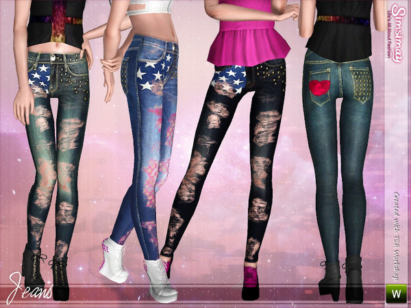Sims 3 —  by Simsimay — Partly studded, partly patched and partly colored sleek and skinny ripped jeans with New! mesh!