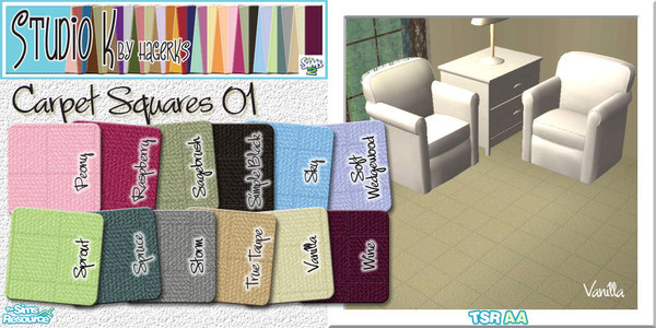 Sims 2 — Studio K Carpet Squares 01_03 by StudioKhagerks — 25-36 of 36 colors. Category: Carpet. Price: 6 simoleons.