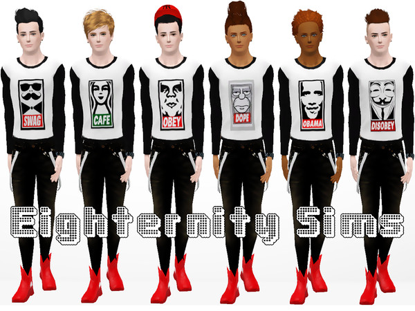 Sims 3 — OBEY by EighternitySims — OBEY Top Set. For Adult and Young Adult. Male Only Includes: [ Obey, Swag, Dope,