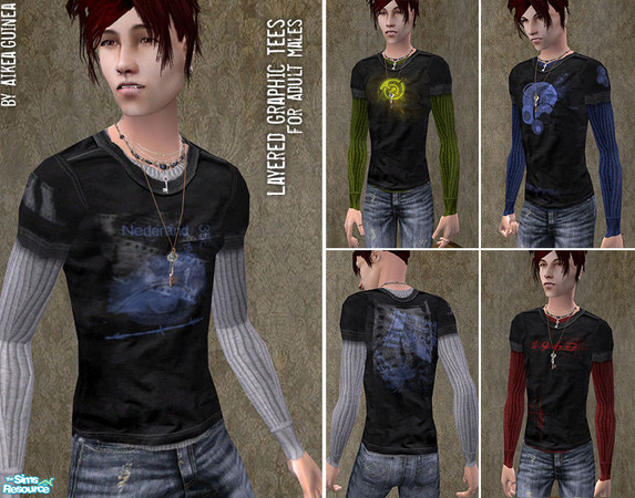 Sims 2 — Layered Graphic T-Shirts for Adult Males by aikea_guinea — Set includes four different styles with designs on