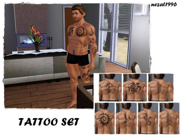 Sims 3 — Tattoo set by nezat19962 — Tattoos for your simmies, bird tattoo, 2 dragon tattoos, tiger tattoo, circle tattoo,