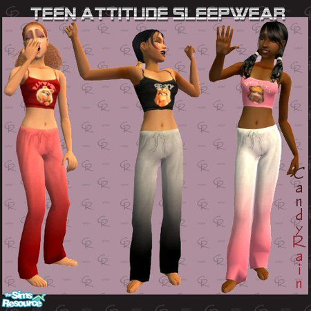 Sims 2 — Teen Attitude Sleepwear by Candyrain — A set of 3 color-block \"attitude\" pyjama sets for teens, with