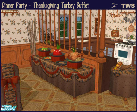 Sims 2 — Thanksgiving Turkey Buffet by wildstar24 — Celebrations! SP buffet in turkey track and turkey accent linens.