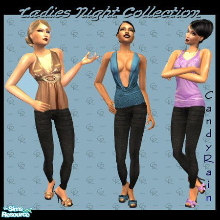 Sims 2 — Ladies Night Collection by Candyrain — A set of 3 open-backed tops with black skinny jeans and bareback stiletto