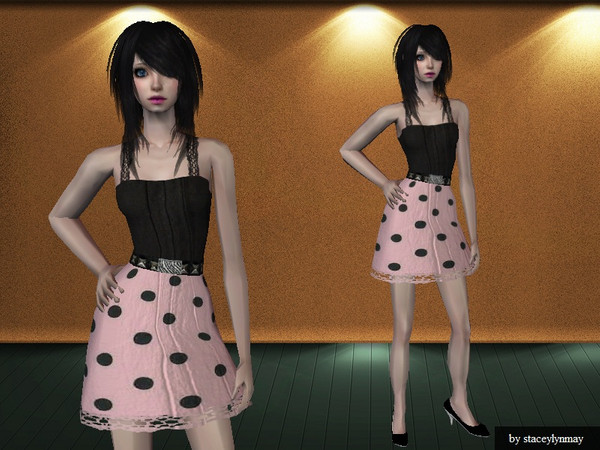 Sims 2 — Pink Polkadot Dress by staceylynmay2 — pink bottom skirt with black polkadots, black top with lace straps, black