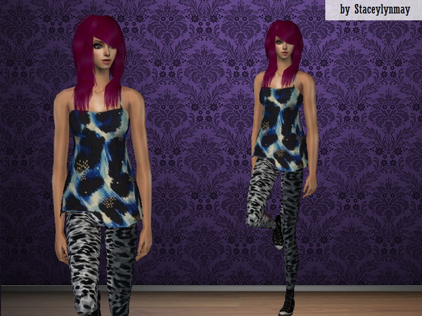 Sims 2 — Leopard Print Outfit by staceylynmay2 — blue leopard print top with diamonds, grey and black leopard pants, and