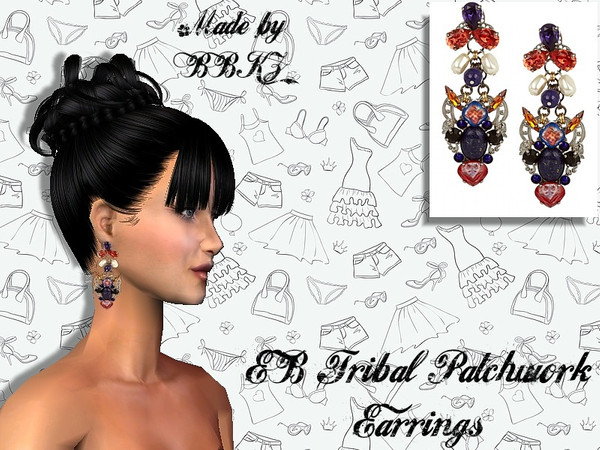 Sims 2 — EB Tribal Patchwork Earrings by BBKZ — Beautiful earrings for your Sim-ladies. No EP required. FREE mesh by