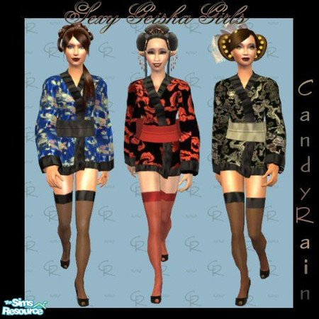 Sims 2 — Sexy Geisha Girls by Candyrain — A set of 3 mini kimonos with thigh high stocking and open-toed stiletto pumps.