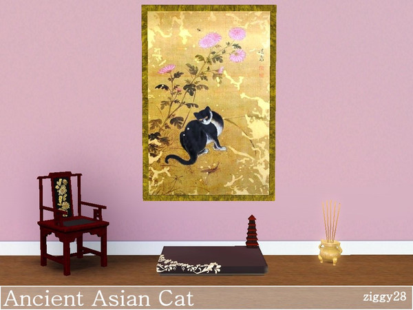 Sims 3 — Ancient Asian Cat by ziggy28 — Ancient Asian Cat. A very ancient and beautiful painting of a cat on silk. Custom
