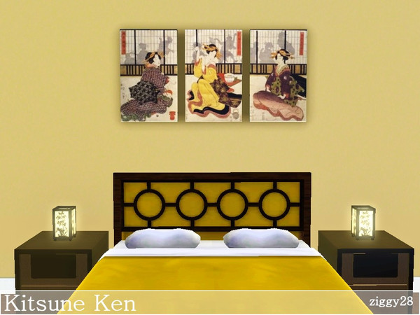 Sims 3 — Kitsune Ken by ziggy28 — A tryptic Asian painting of 3 Geishas playing Kitsune Ken. Game mesh. Not recolourable.