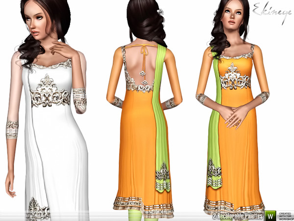 Sims 3 — Anarkali 1 - S108 by ekinege — Anarkali dress with dupatta. Embroidery and shimmer borders. 2 recolorable parts.