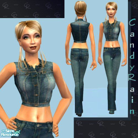 Sims 2 — Denim Blues - Sleeveless by Candyrain — Cropped, sleeveless denim jacket with matching jeans and stacked boots.