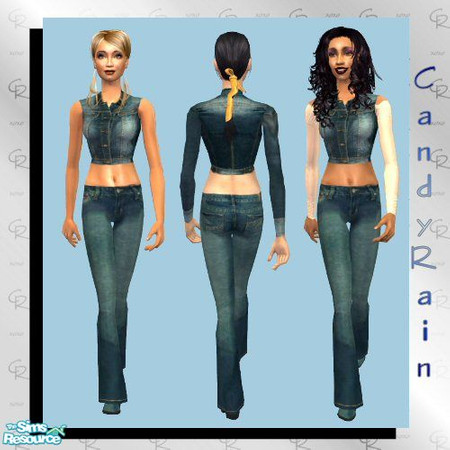 Sims 2 — Denim Blues by Candyrain — A set of 3 denim outfits with stacked boots.