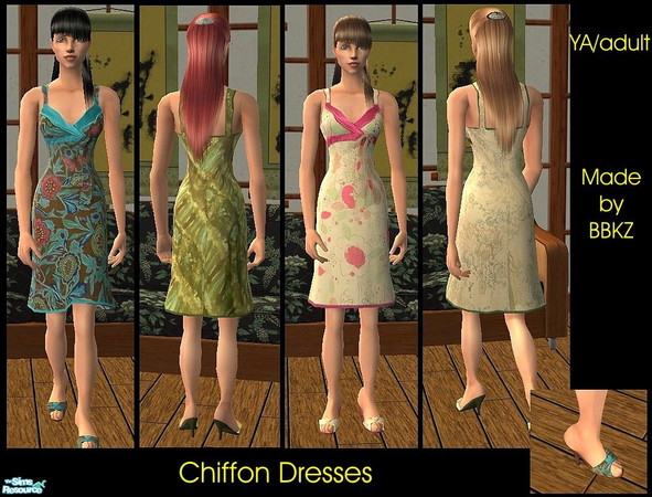 Sims 2 — Chiffon Dresses by BBKZ — Chiffon dress has spaghetti straps and a solid contrasting satin band trimming the
